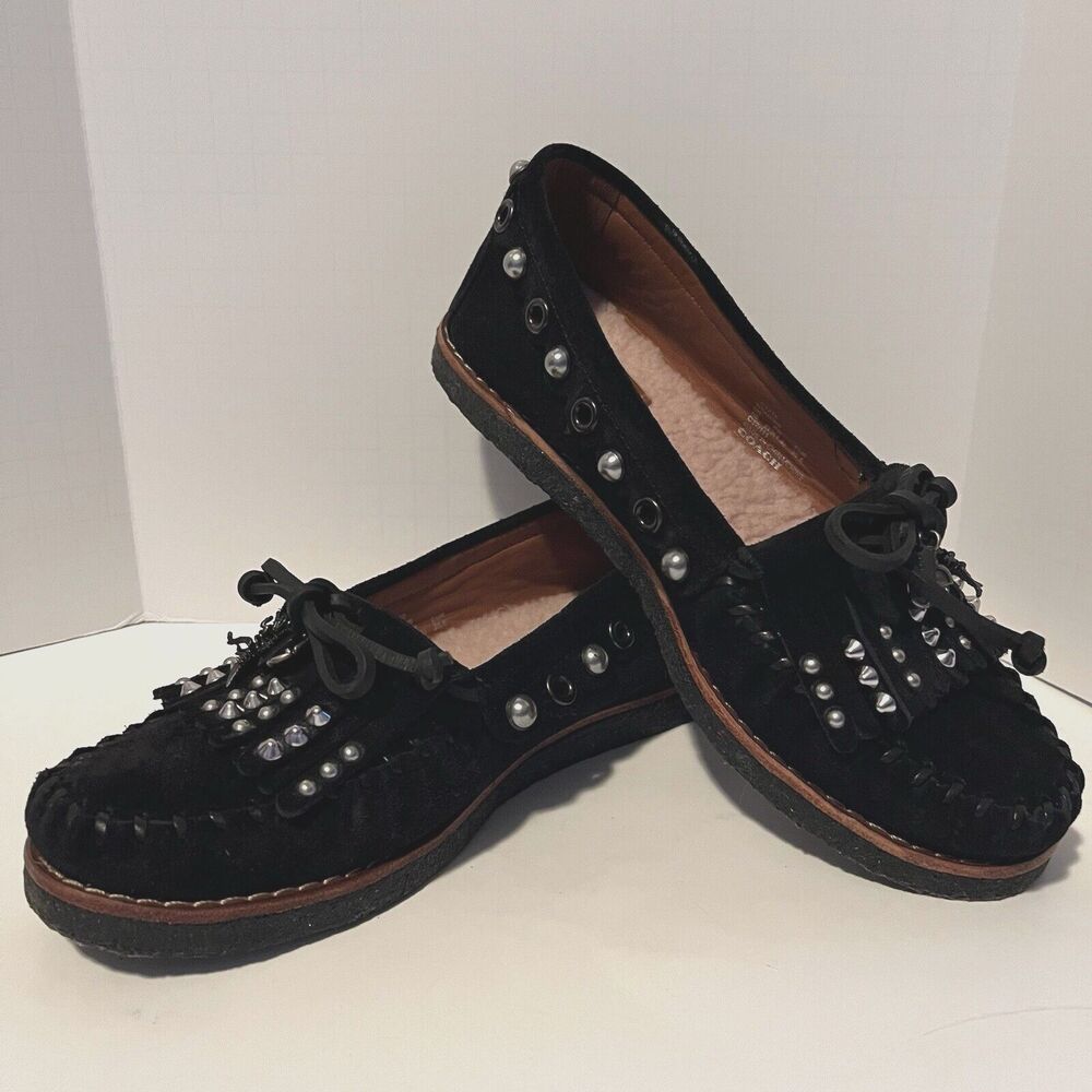 Coach Rexy Roccasins Women 5B Shoes Black Suede Slippers Charms Shearling Sherpa